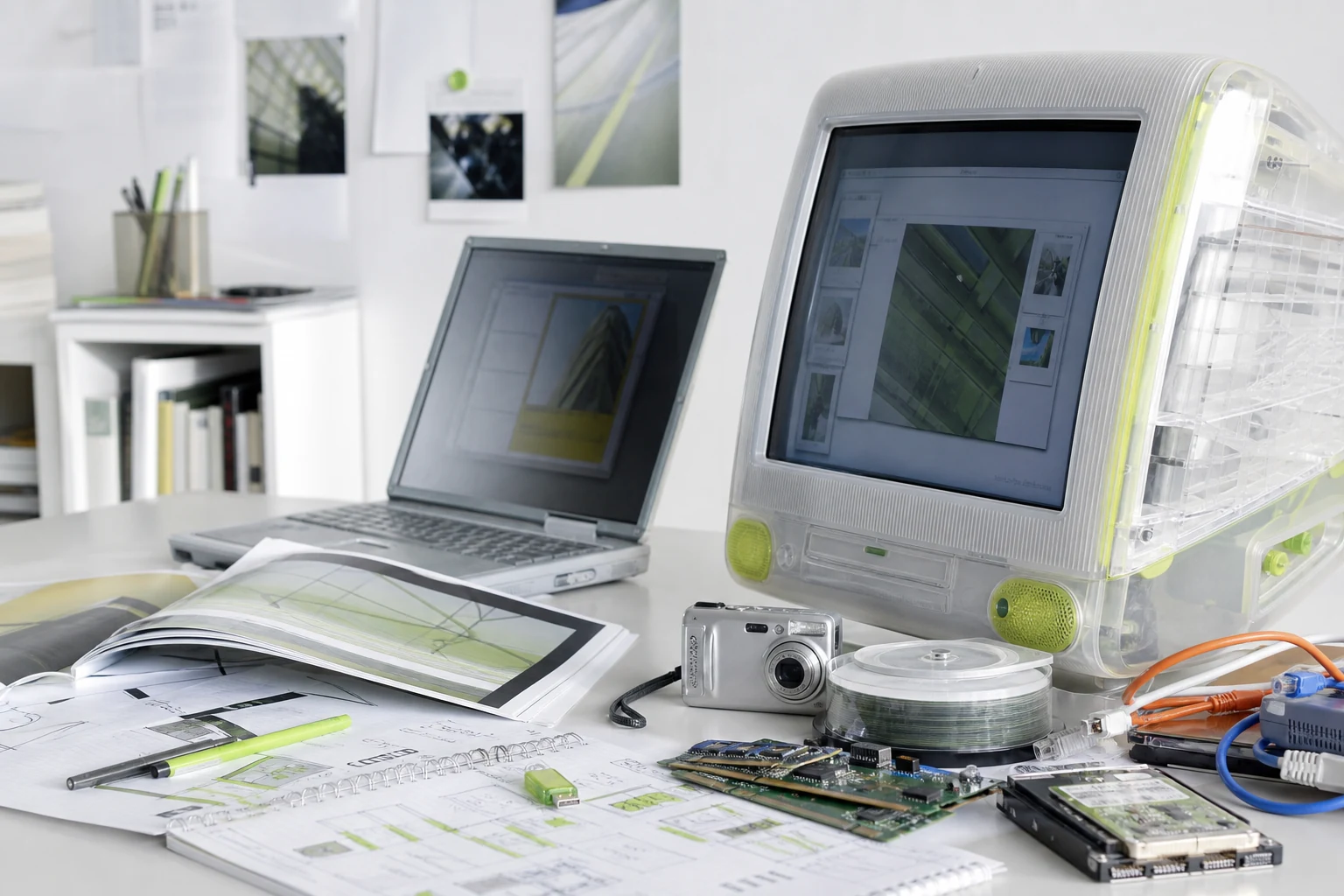 A technology publishing desk with early computing equipment and print layouts